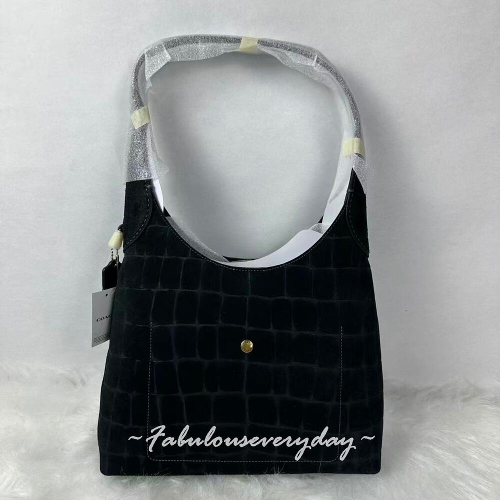 Coach Brooklyn shoulder bag 28 Crocodile-embossed Suede/Brass/black CCJ00 NWT - Picture 1 of 10